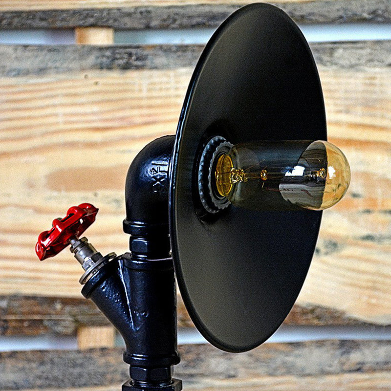 Industrial Flared Shade Night Lamp with Decorative Red Valve - Black Iron Table Light