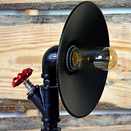 Industrial Flared Shade Night Lamp with Decorative Red Valve - Black Iron Table Light