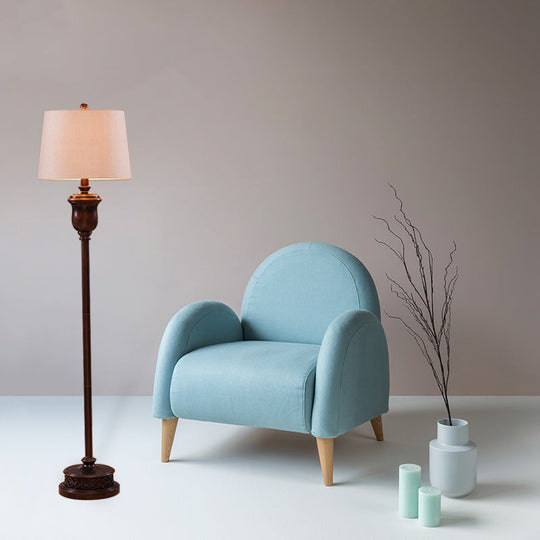 Traditional Red Brown Resin Floor Lamp with Cone White Fabric Shade - Urn Shape Stand Up Light