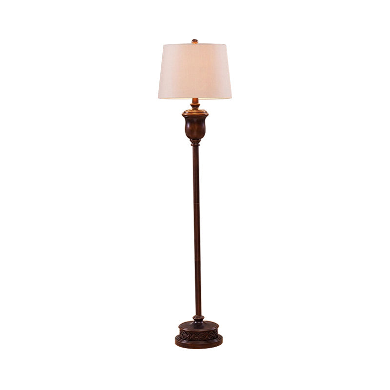 Traditional Red Brown Resin Floor Lamp with Cone White Fabric Shade - Urn Shape Stand Up Light