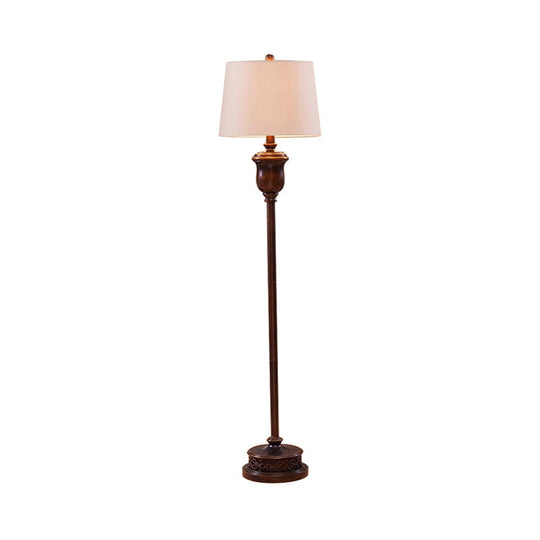 Traditional Red Brown Resin Floor Lamp with Cone White Fabric Shade - Urn Shape Stand Up Light