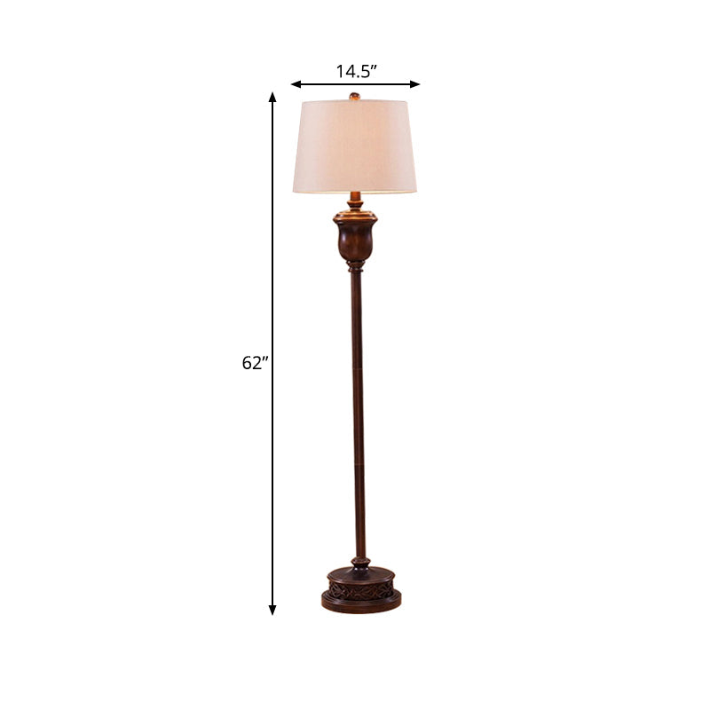 Traditional Red Brown Resin Floor Lamp with Cone White Fabric Shade - Urn Shape Stand Up Light