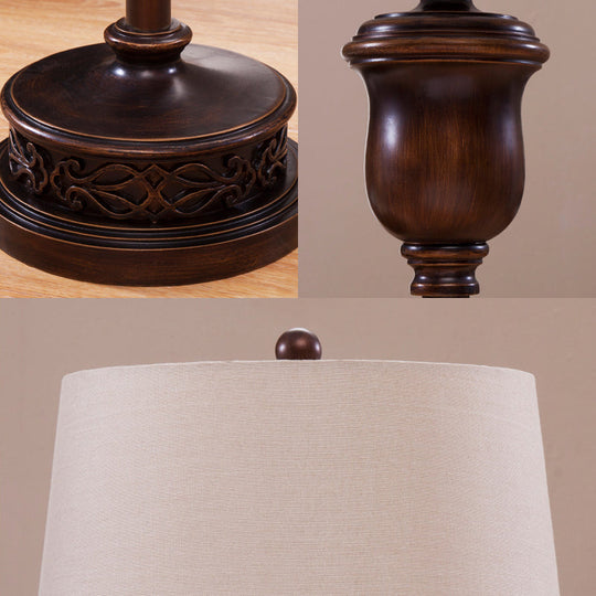 Traditional Red Brown Resin Floor Lamp with Cone White Fabric Shade - Urn Shape Stand Up Light