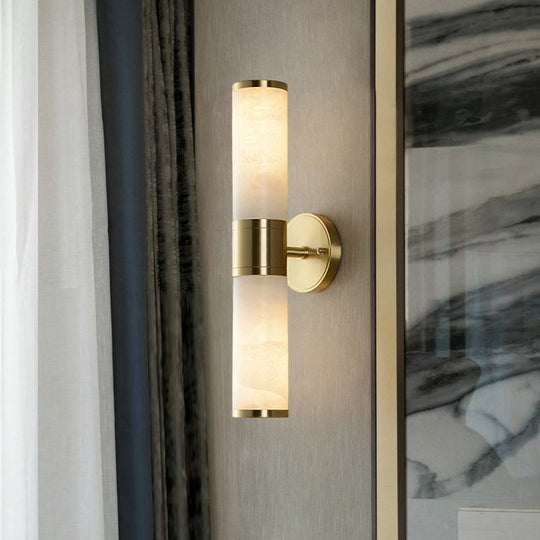 Modern Pillar Shaped Sconce Light: Marble Bedside Wall Lamp in White and Brass