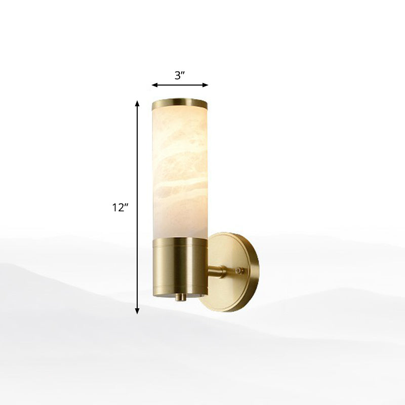 Modern Pillar Shaped Sconce Light: Marble Bedside Wall Lamp in White and Brass