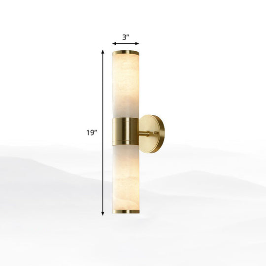 Modern Pillar Shaped Sconce Light: Marble Bedside Wall Lamp in White and Brass