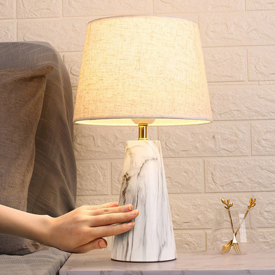 Nordic Fabric Tapered Nightstand Lamp with Conic Marble Pedestal - 1 Bulb Table Light