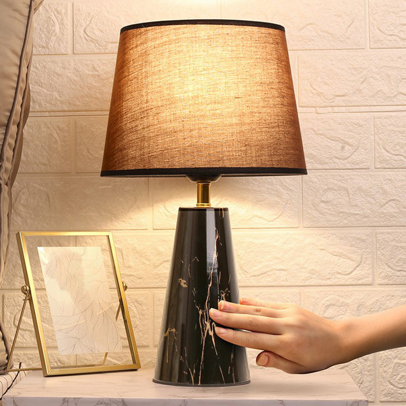 Nordic Fabric Tapered Nightstand Lamp with Conic Marble Pedestal - 1 Bulb Table Light