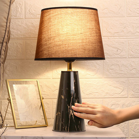 Nordic Fabric Tapered Nightstand Lamp with Conic Marble Pedestal - 1 Bulb Table Light