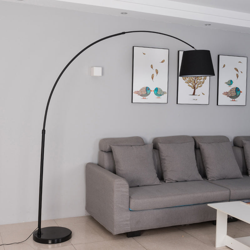 Sleek Black Floor Lamp with Fishing Rod Arm - Simplicity 1-Light Fabric Bucket Standing Light