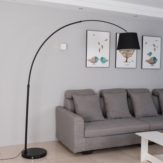 Sleek Black Floor Lamp with Fishing Rod Arm - Simplicity 1-Light Fabric Bucket Standing Light