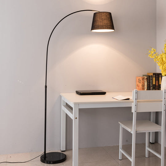 Sleek Black Floor Lamp with Fishing Rod Arm - Simplicity 1-Light Fabric Bucket Standing Light
