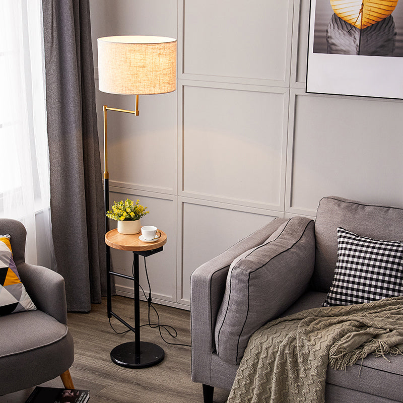Modern Round Floor Lamp with Fabric Shade and Wood Tray for Living Room