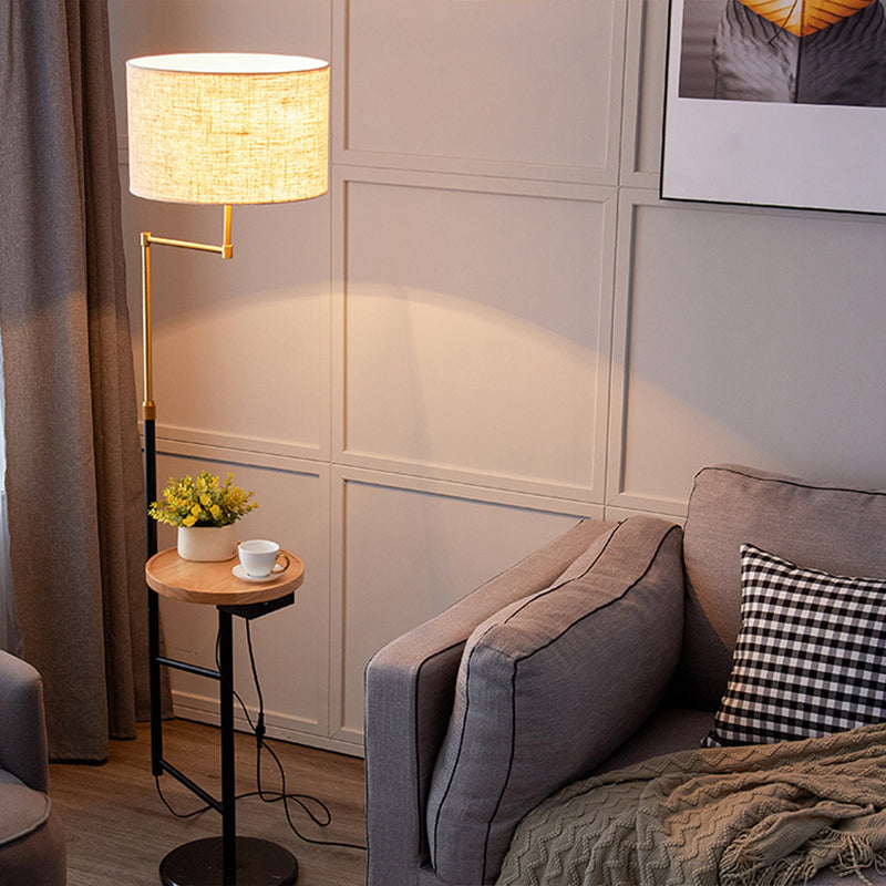 Modern Round Floor Lamp with Fabric Shade and Wood Tray for Living Room