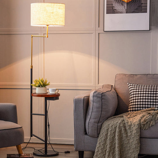 Modern Round Floor Lamp with Fabric Shade and Wood Tray for Living Room