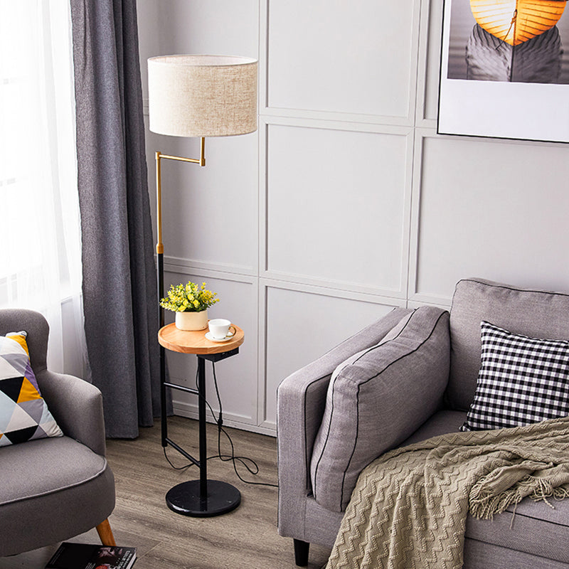 Modern Round Floor Lamp with Fabric Shade and Wood Tray for Living Room