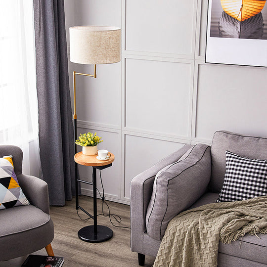 Modern Round Floor Lamp with Fabric Shade and Wood Tray for Living Room