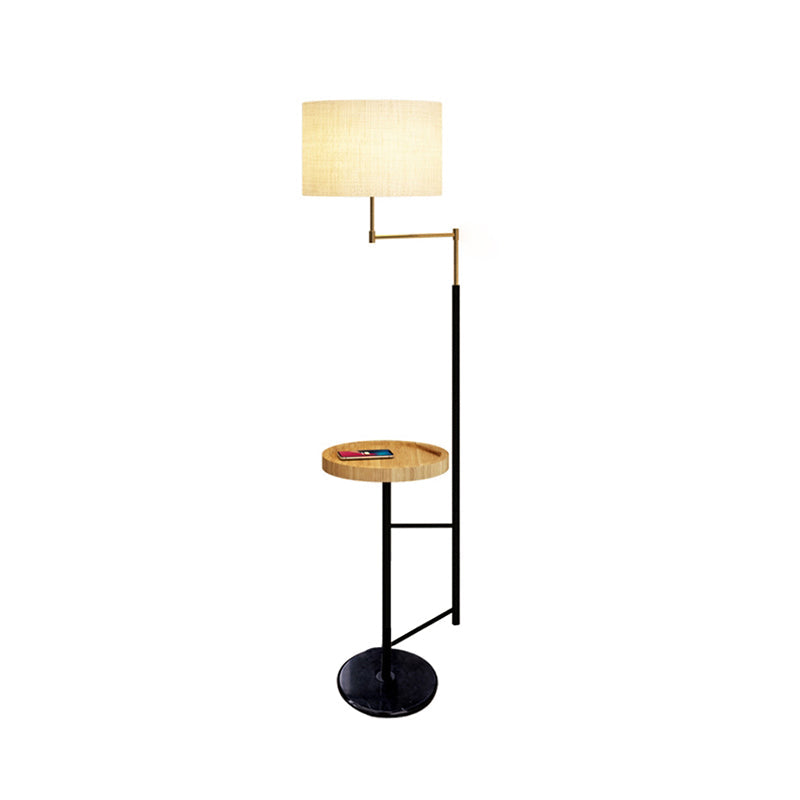 Modern Round Floor Lamp with Fabric Shade and Wood Tray for Living Room