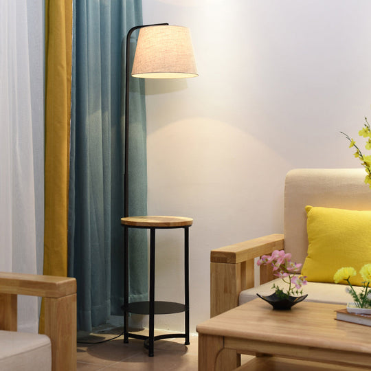 Contemporary Round Fabric Floor Lamp with 2-Tier Shelf - Single-Bulb White Standing Lighting