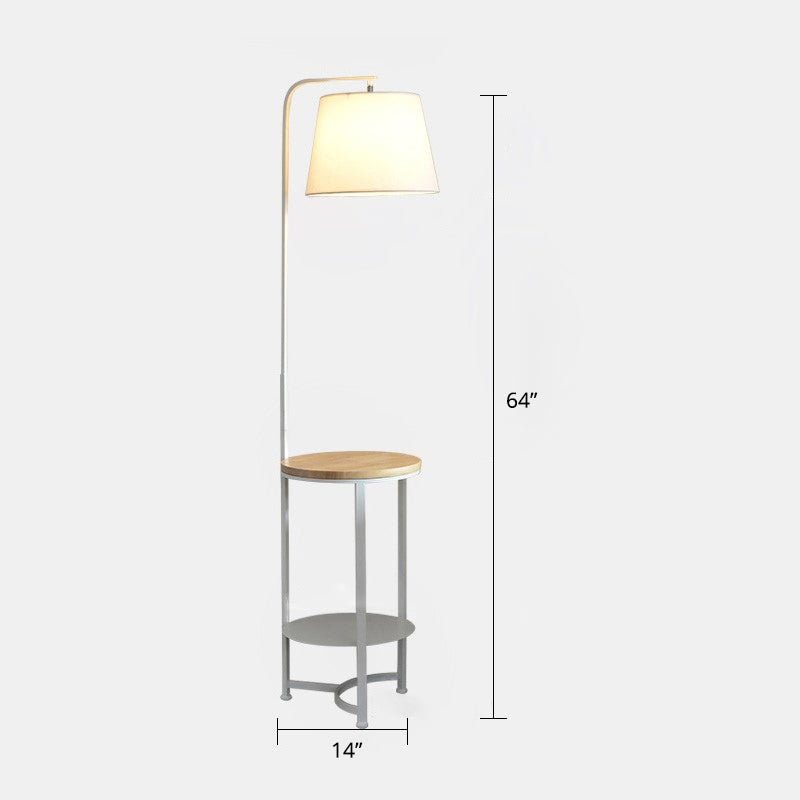 Contemporary Round Fabric Floor Lamp with 2-Tier Shelf - Single-Bulb White Standing Lighting