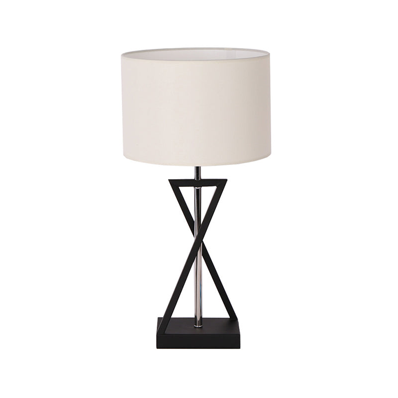 Contemporary Fabric Drum Shade Table Lamp with Modern Hourglass Design for Bedside Nightstand Lighting - White