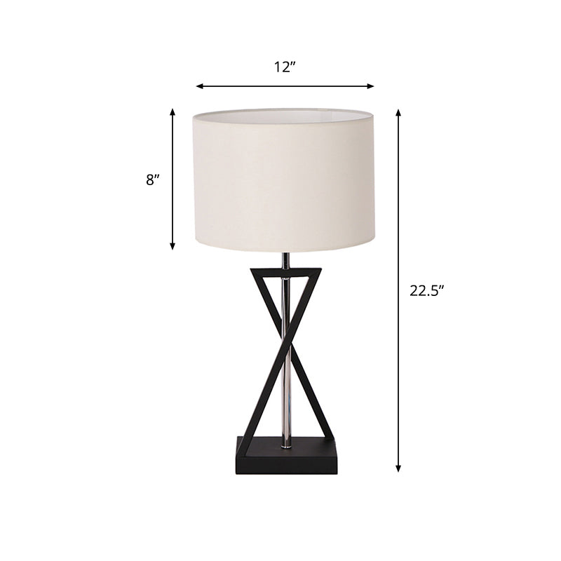 Contemporary Fabric Drum Shade Table Lamp with Modern Hourglass Design for Bedside Nightstand Lighting - White
