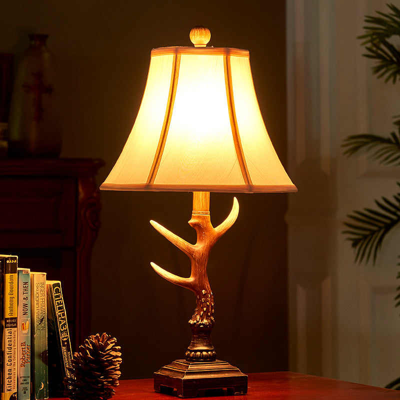 1-Light Traditional Brown Fabric Desk Lamp with Branch Base - Perfect Bedroom Reading Light
