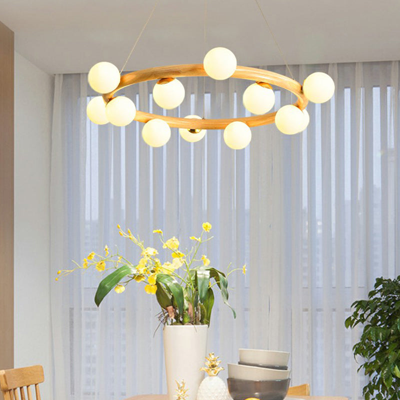 Minimalist Beige Wooden Pendant Chandelier with White Glass Orb Shade