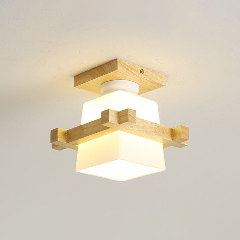Wooden Nordic Semi Flush Ceiling Light with White Glass - Small Size