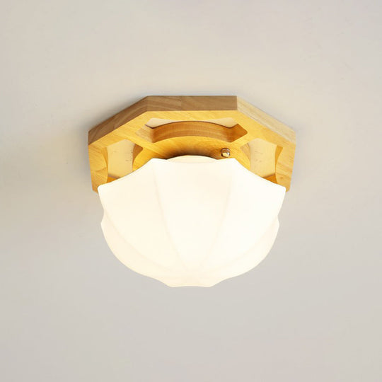 Wooden Nordic Semi Flush Ceiling Light with White Glass - Small Size