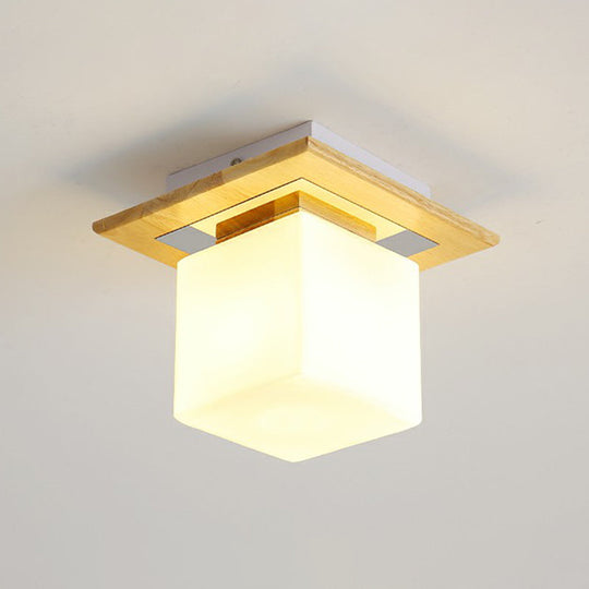 Wooden Nordic Semi Flush Ceiling Light with White Glass - Small Size