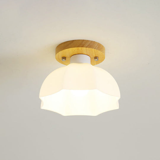 Wooden Nordic Semi Flush Ceiling Light with White Glass - Small Size