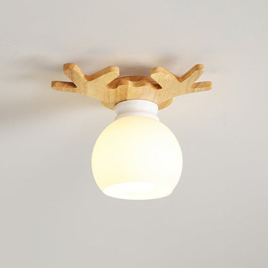 Wooden Nordic Semi Flush Ceiling Light with White Glass - Small Size