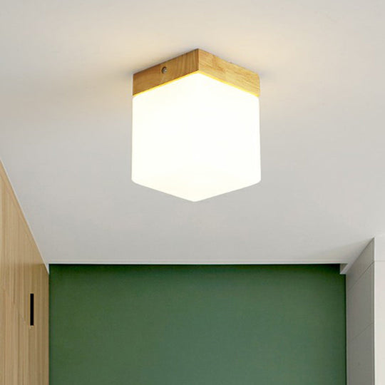 Wooden Nordic Semi Flush Ceiling Light with White Glass - Small Size