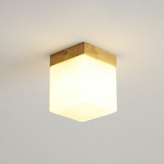 Wooden Nordic Semi Flush Ceiling Light with White Glass - Small Size