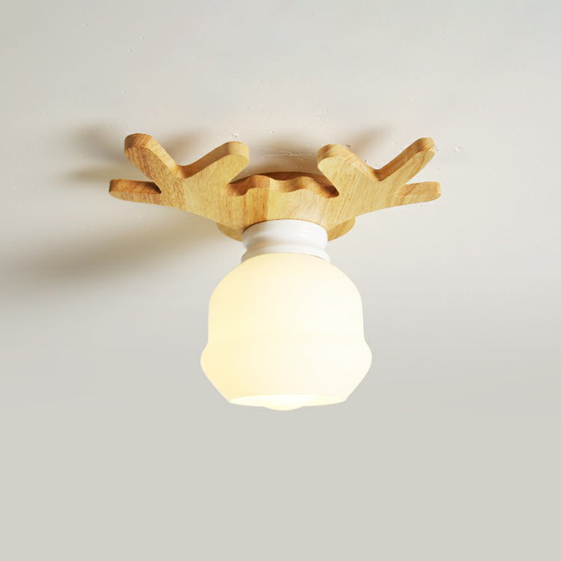 Wooden Nordic Semi Flush Ceiling Light with White Glass - Small Size