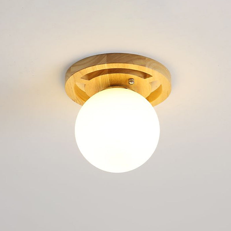 Wooden Nordic Semi Flush Ceiling Light with White Glass - Small Size