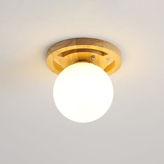 Wooden Nordic Semi Flush Ceiling Light with White Glass - Small Size