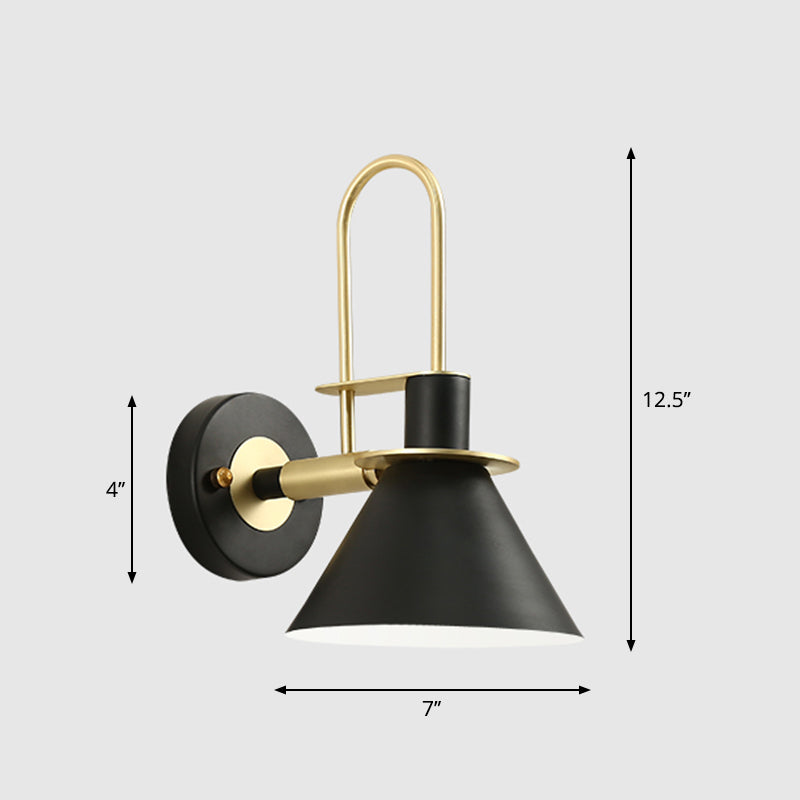 Modern Metal Conical Wall Mount Lamp with Arched Brass Arm - 1-Bulb Wall Light Fixture