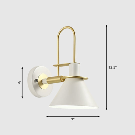 Modern Metal Conical Wall Mount Lamp with Arched Brass Arm - 1-Bulb Wall Light Fixture