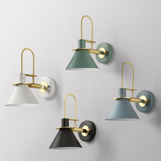 Modern Metal Conical Wall Mount Lamp with Arched Brass Arm - 1-Bulb Wall Light Fixture