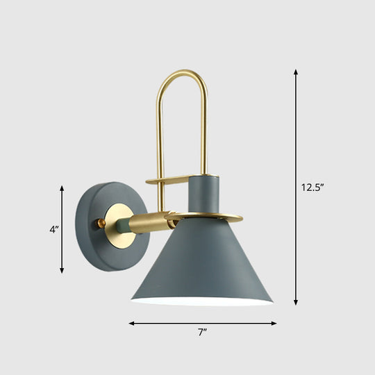 Modern Metal Conical Wall Mount Lamp with Arched Brass Arm - 1-Bulb Wall Light Fixture
