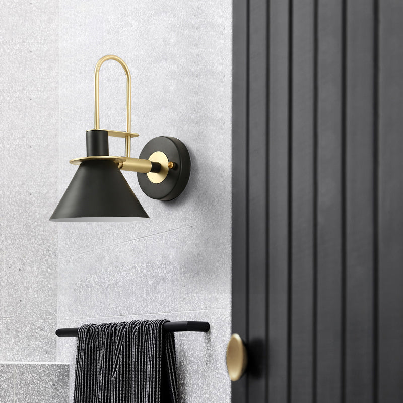 Modern Metal Conical Wall Mount Lamp with Arched Brass Arm - 1-Bulb Wall Light Fixture