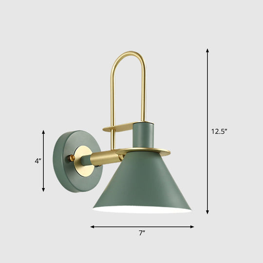 Modern Metal Conical Wall Mount Lamp with Arched Brass Arm - 1-Bulb Wall Light Fixture