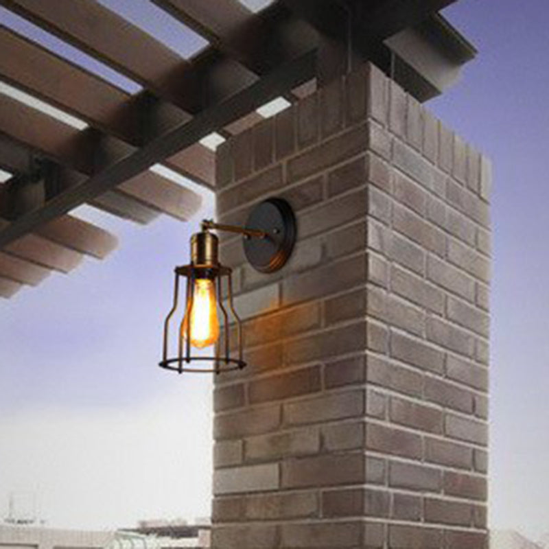 Industrial Black Metal Wall Lamp with Swivel Arm and Cage Shade