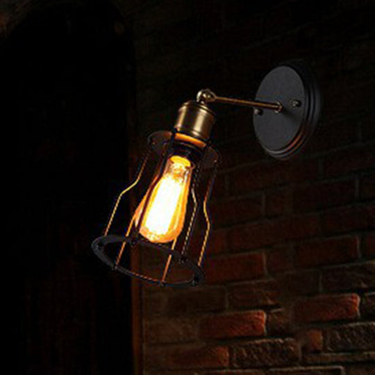 Industrial Black Metal Wall Lamp with Swivel Arm and Cage Shade