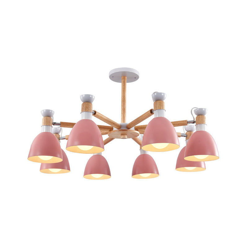 Sleek Macaron Bell Chandelier Metal Hanging Light with Wooden Rod – Perfect Bedroom Lighting
