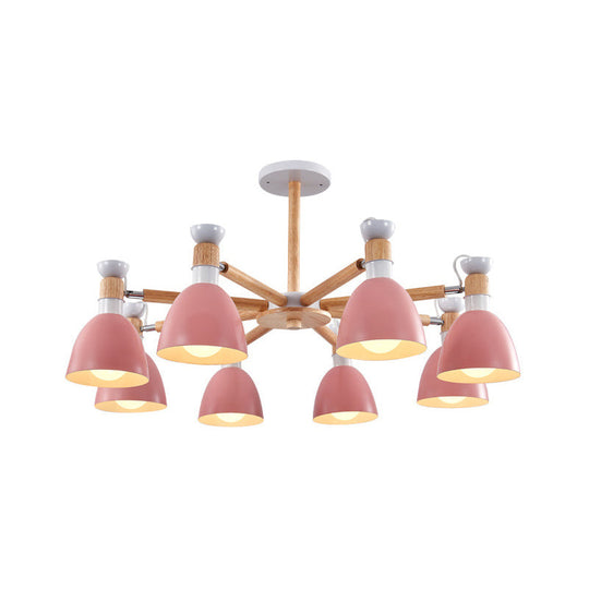 Sleek Macaron Bell Chandelier Metal Hanging Light with Wooden Rod – Perfect Bedroom Lighting