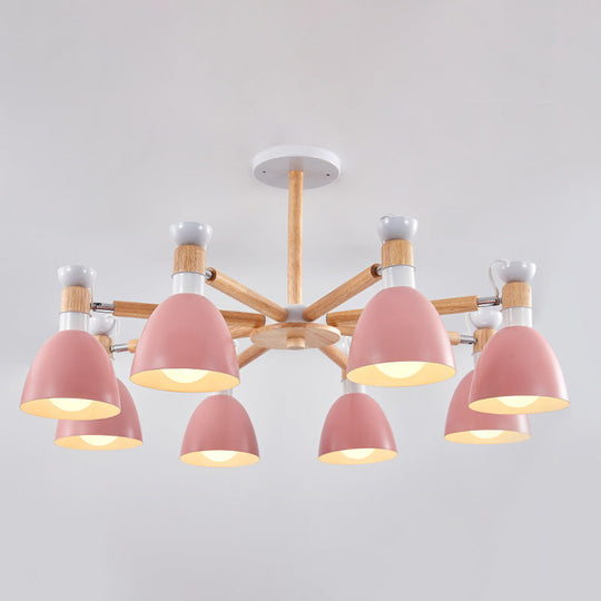 Sleek Macaron Bell Chandelier Metal Hanging Light with Wooden Rod – Perfect Bedroom Lighting