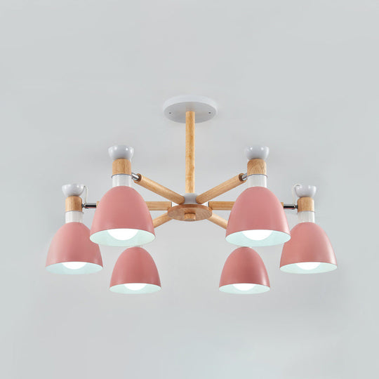 Sleek Macaron Bell Chandelier Metal Hanging Light with Wooden Rod – Perfect Bedroom Lighting